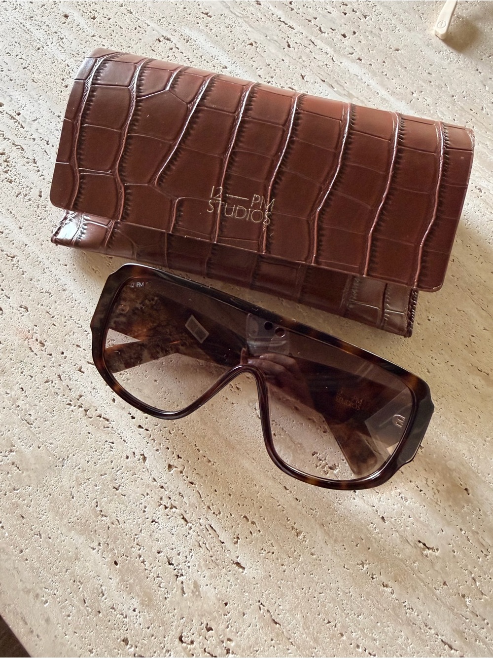 12pm Studios Brown Tortoiseshell Shield Sunglasses with Brown Croc Case